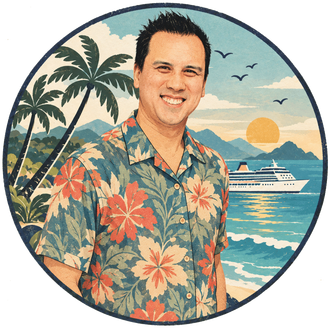 Illustration of David smiling, wearing a Hawaiian shirt, in front of a tropical background